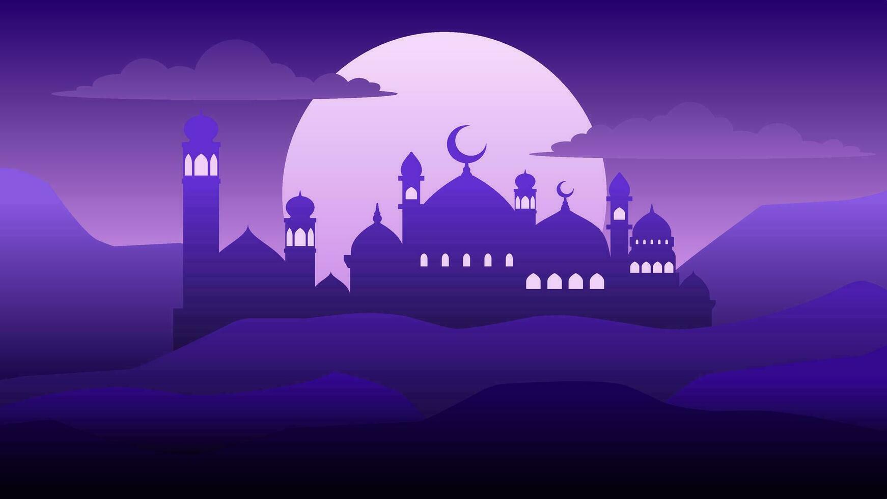 Islamic landscape vector illustration. Silhouette landscape of mosque with moon and purple sky. Mosque silhouette for ramadan in muslim culture and islam religion. Illustration for Islamic background