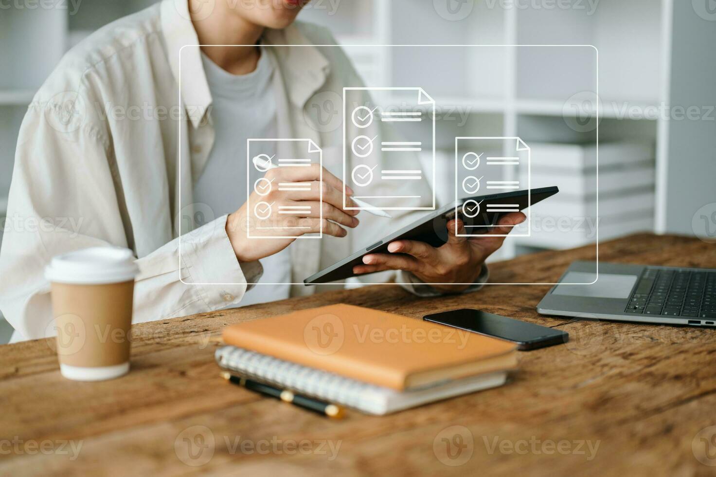 Online business contract Electronic signature, e-signing, digital document management, paperless office, business hand working photo