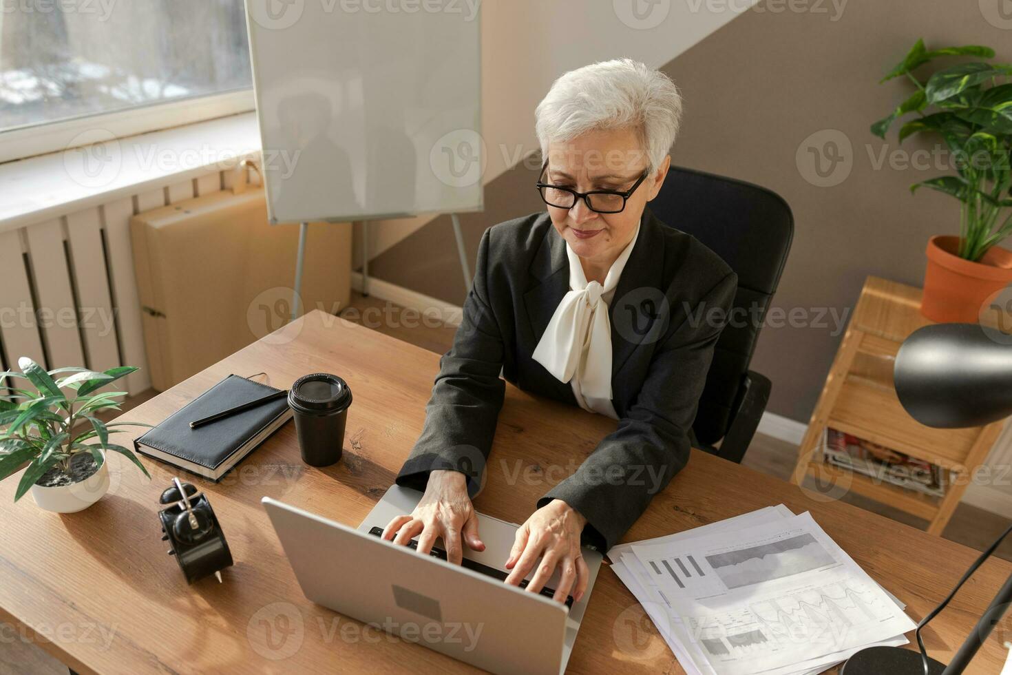 Confident stylish european middle aged senior woman using laptop at workplace. Stylish older mature 60s gray haired lady businesswoman sitting at office table. Boss leader teacher professional worker. photo