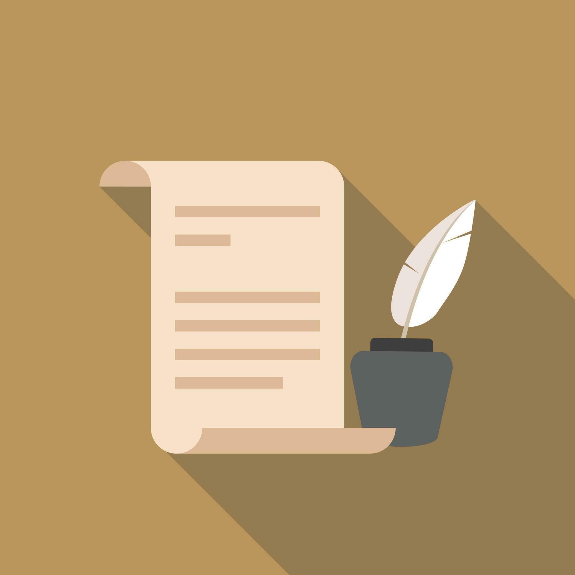 History flat icon with long shadow simple scroll and feather quill pen
