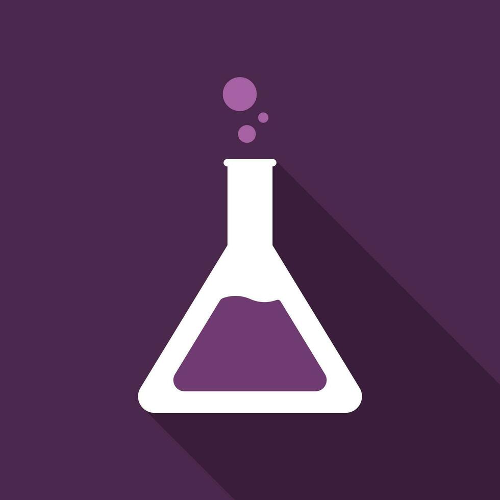Conical flask flat icon with long shadow. Simple Chemistry icon pictogram vector illustration. School subject, lab, laboratory, biology, experiment, chemistry concept. Logo design