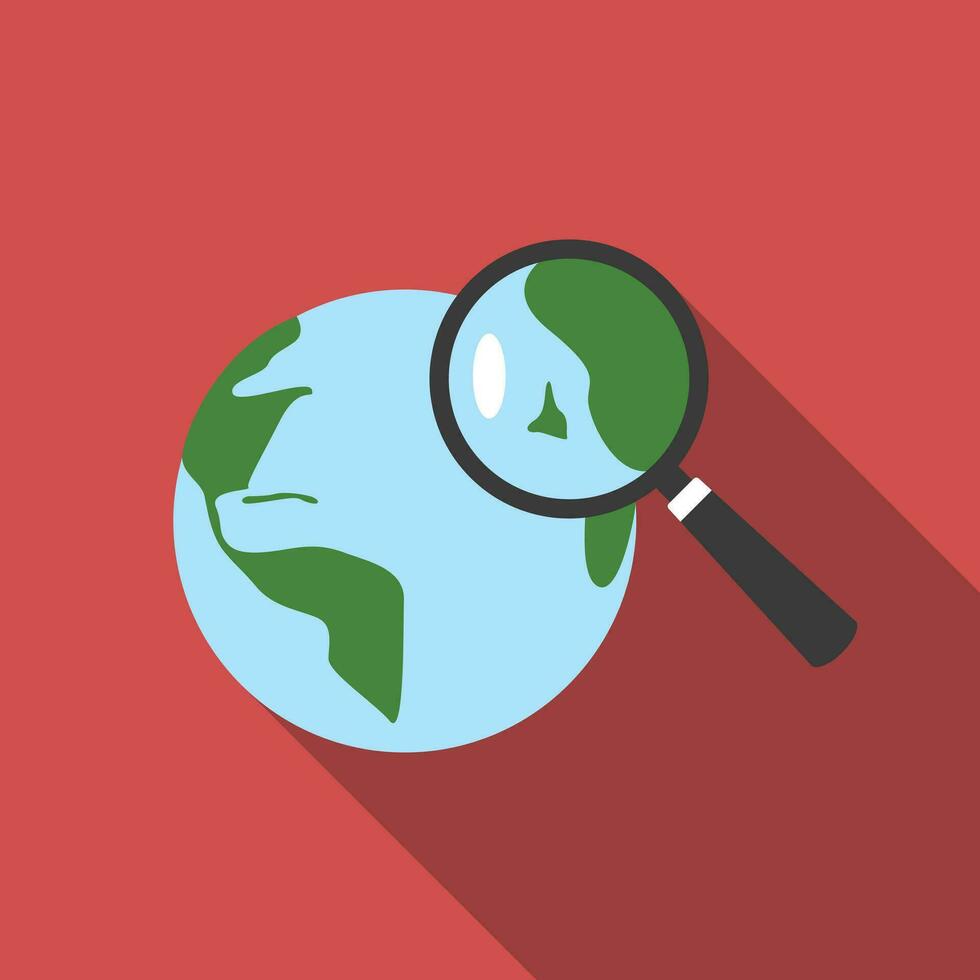 Magnifying glass on Earth globe flat icon with long shadow. Simple Geography icon pictogram vector illustration. Map, travel, discover, Geography concept. Logo design