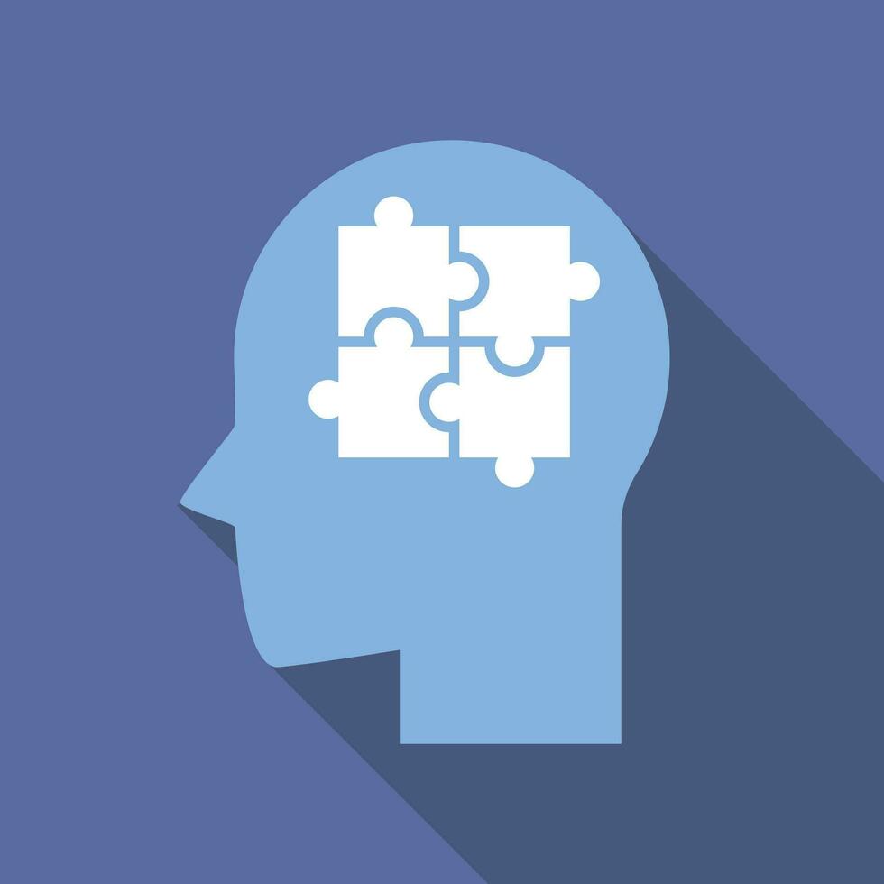 Psychology flat icon with long shadow. Simple head with puzzle brain icon pictogram vector illustration. Science, Mental, Philosophy, Brain Training, IQ, Psychology concept. Logo design