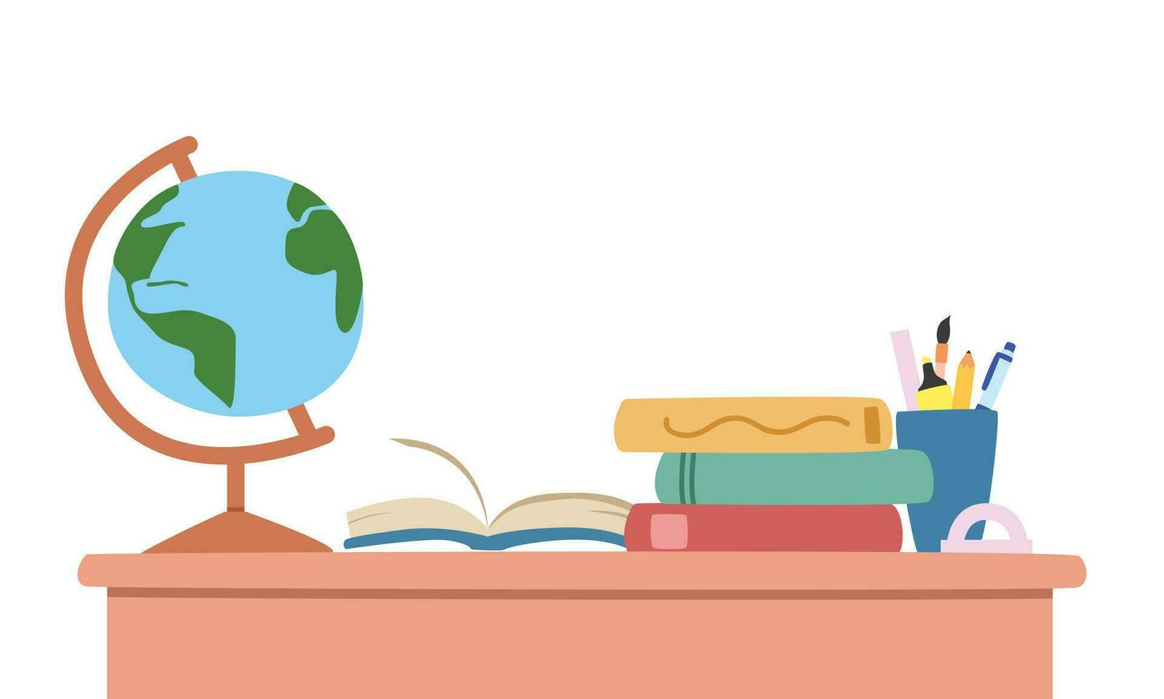Student desk with Earth globe, open book, pen holder, stack of books clipart cartoon style vector illustration. Back to school, homework, study corner, classroom concept. Hand drawn style