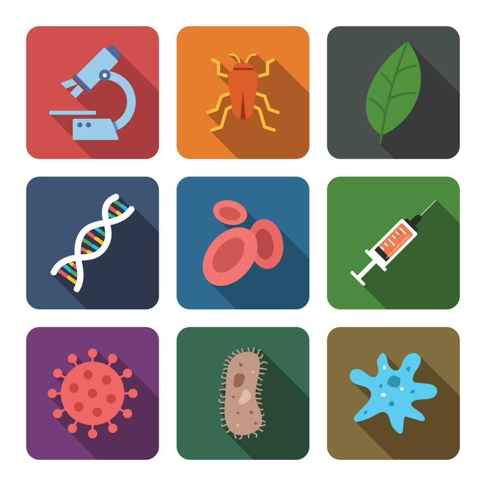 vector conjunto de biología íconos plano estilo con largo sombra. microscopio, insecto, adn, rojo sangre celúla, jeringuilla, virus, germen, bacteria vector ilustración. logo diseño