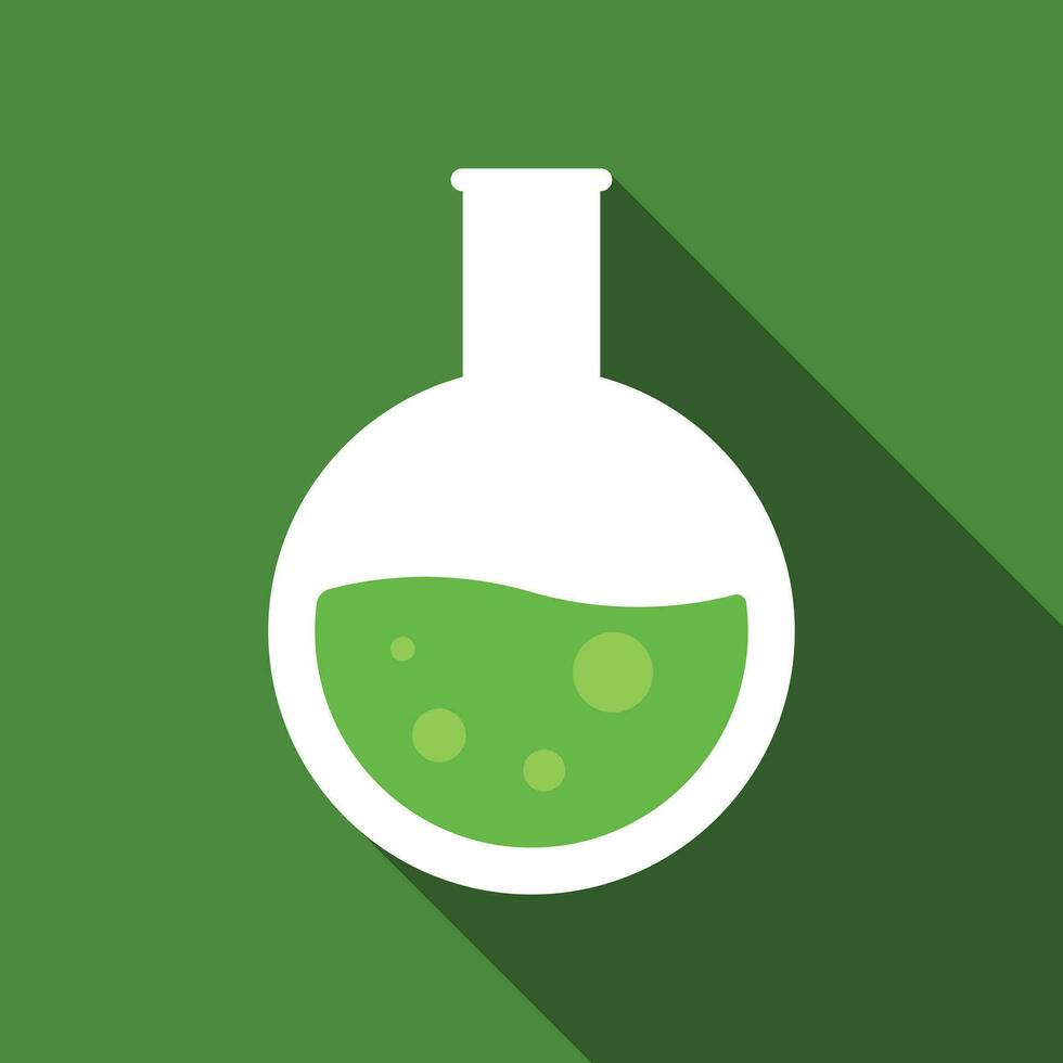 redondo fondo matraz con verde químico líquido plano icono con largo sombra. sencillo química icono pictograma vector ilustración. laboratorio, experimento, médico, química concepto. logo diseño