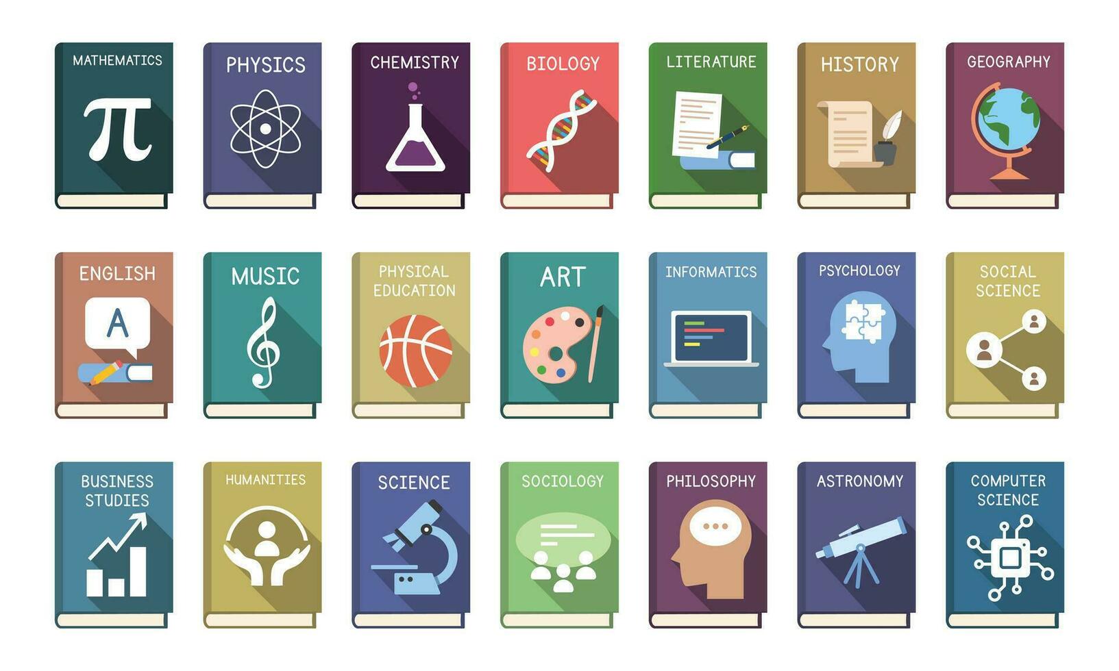 Vector set of school subjects textbooks icons flat style with long shadow. Mathematics, Physics, Chemistry, Biology, Literature, History, Music, Geography books cover vector illustration. Logo design