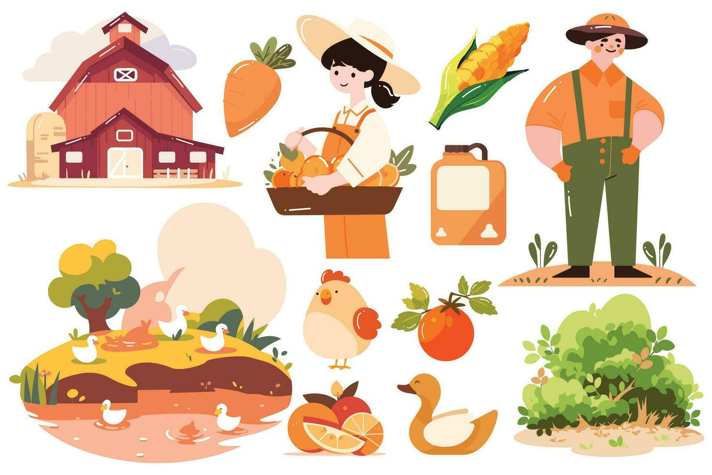 Hand Drawn Set of Farmer and farm objects in flat style vector