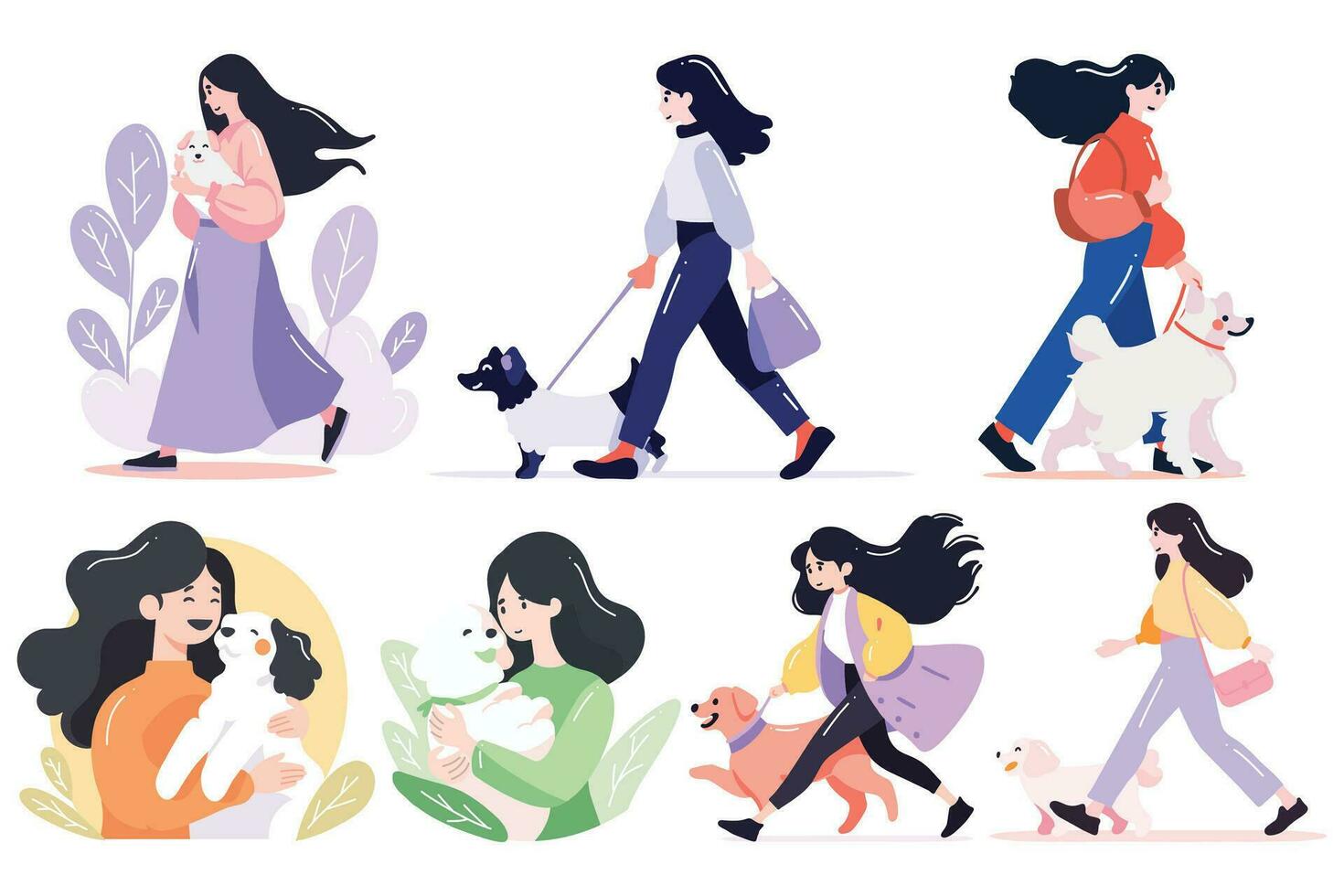 mano dibujado conjunto de personaje es caminando felizmente con el perro en plano estilo vector