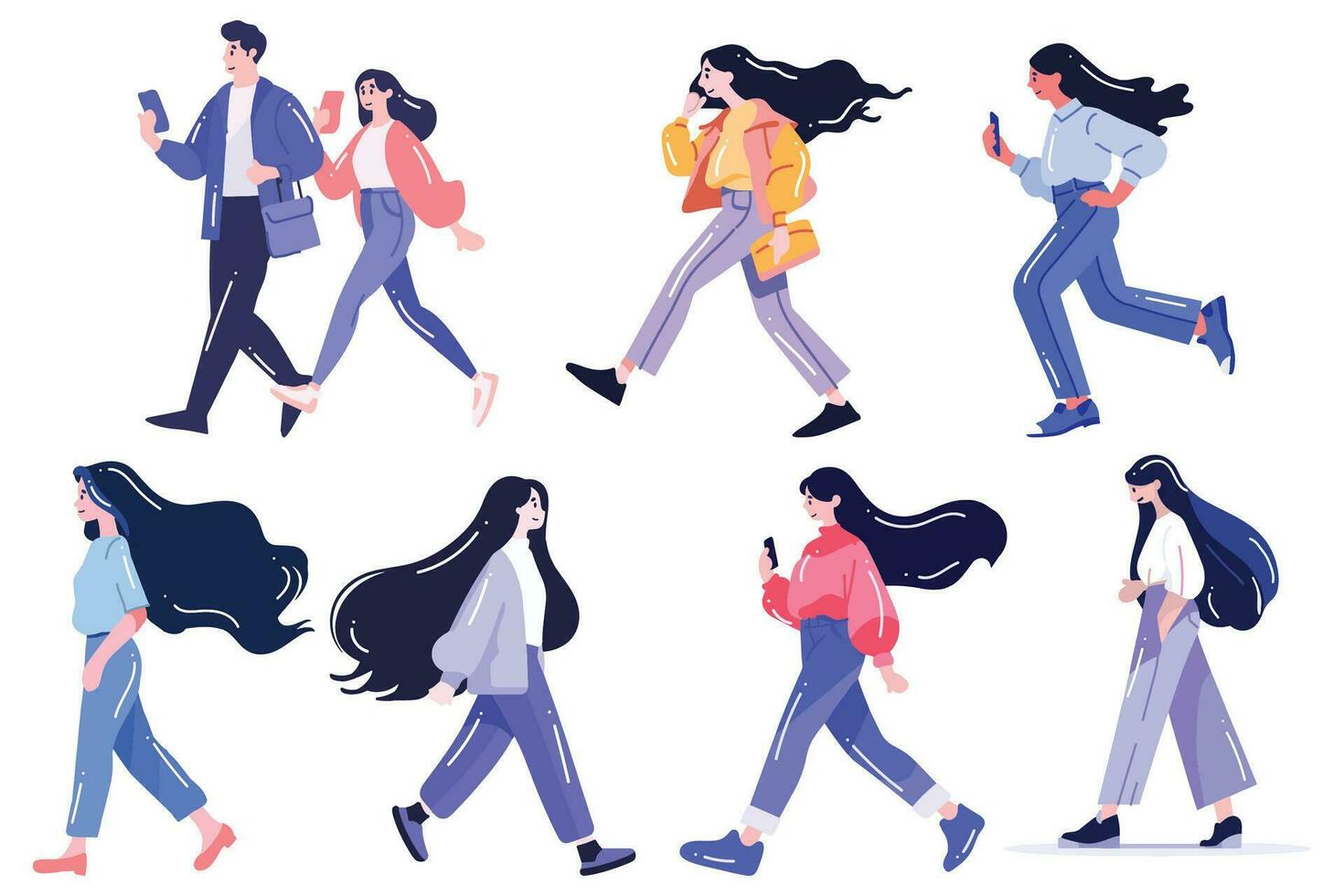 mano dibujado conjunto de mujer caminando y corriendo felizmente en plano estilo vector