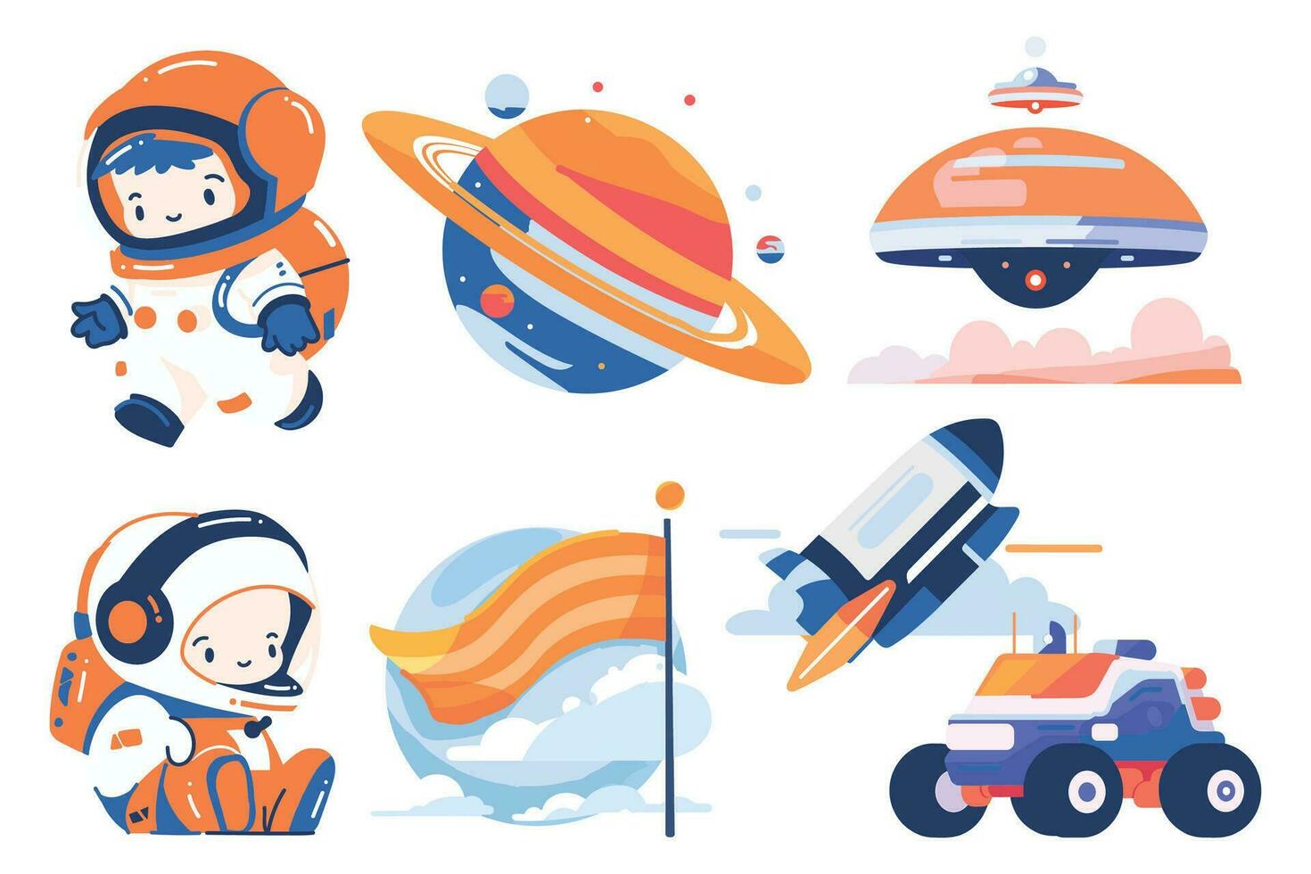 Hand Drawn Set of astronauts and space objects in flat style vector