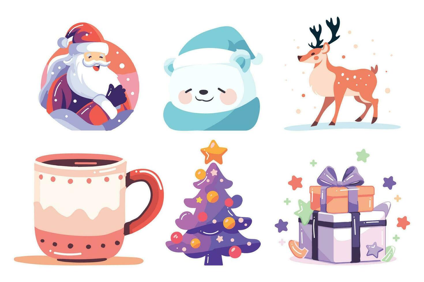 Hand Drawn Set of Santa Claus with Christmas objects in flat style vector