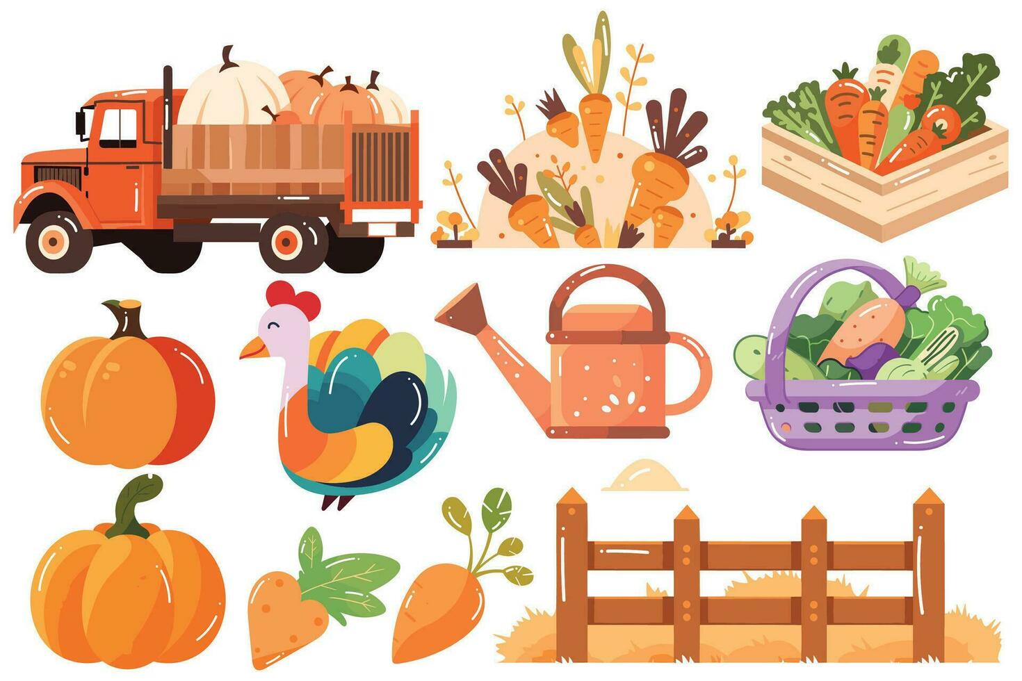 Hand Drawn Set of Farmer and farm objects in flat style vector