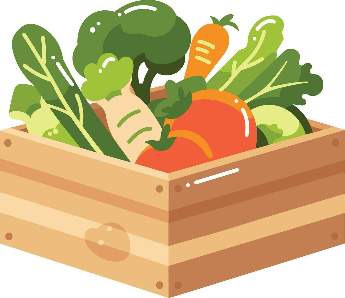 mano dibujado frutas y vegetales en cajas en plano estilo vector
