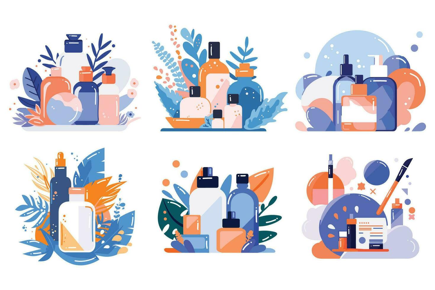 Hand Drawn Set of cosmetic bottles and leaves in flat style vector