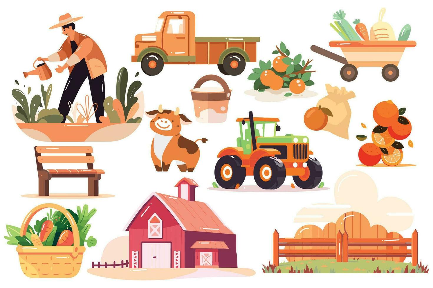 Hand Drawn Set of Farmer and farm objects in flat style vector