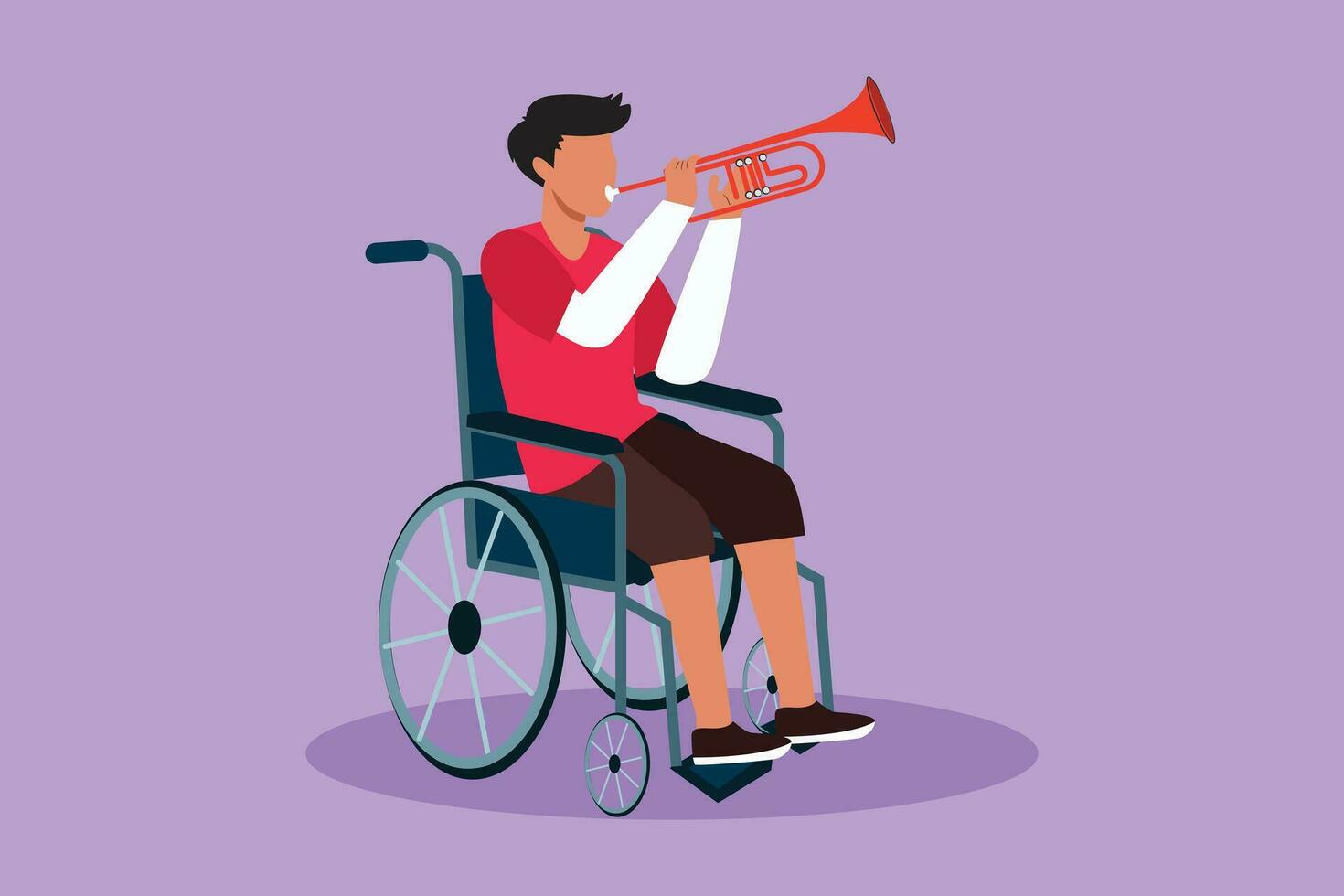 Graphic flat design drawing handsome male in wheelchair playing trumpet during music lesson. Person in hospital perform musical event. Rehabilitation center patient. Cartoon style vector illustration