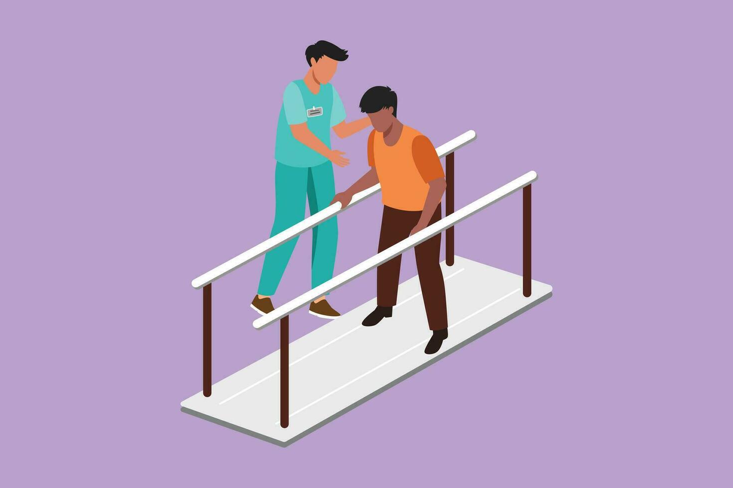Character flat drawing isometric doctor physiotherapist helping male patient using leg prosthesis to take first step. physical therapy of people with disabilities. Cartoon design vector illustration