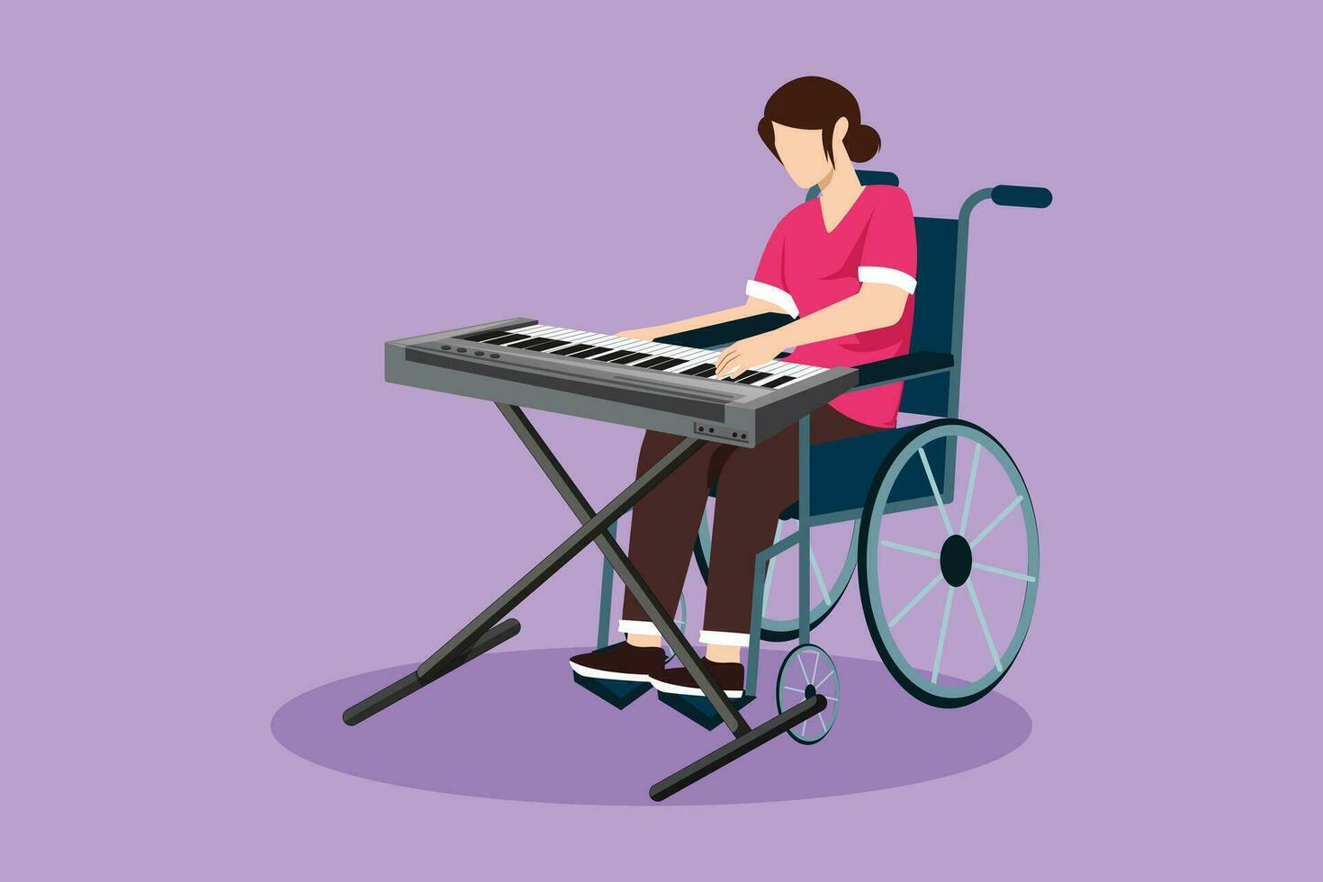 gráfico plano diseño dibujo hermosa hembra sentar en silla de ruedas jugando eléctrico teclado, canta canción. musical actuación en hospital. rehabilitación centrar paciente. dibujos animados estilo vector ilustración