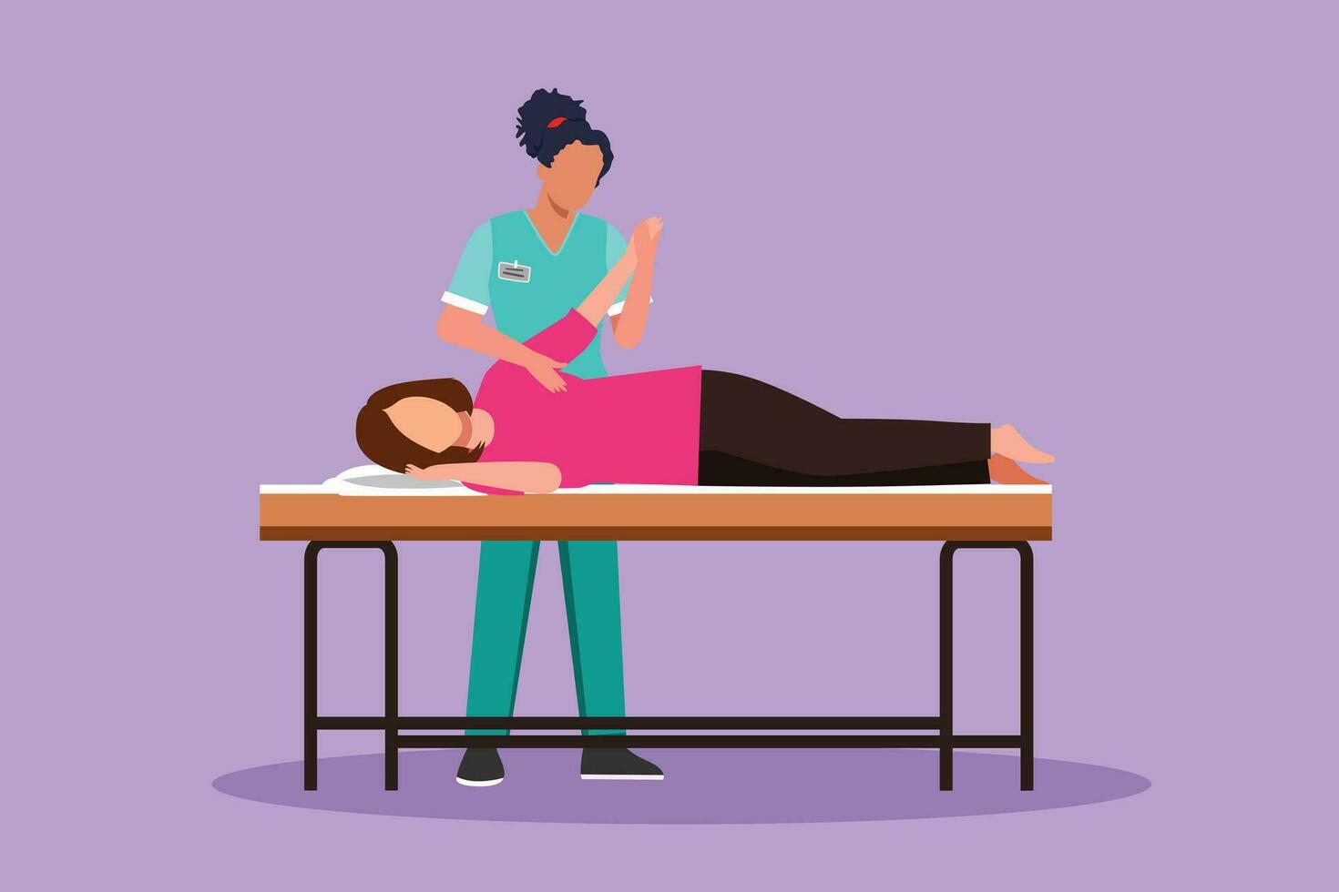 Graphic flat design draw woman patient lying on massage table therapist doing healing treatment massaging injured hand manual physical therapy rehabilitation concept. Cartoon style vector illustration