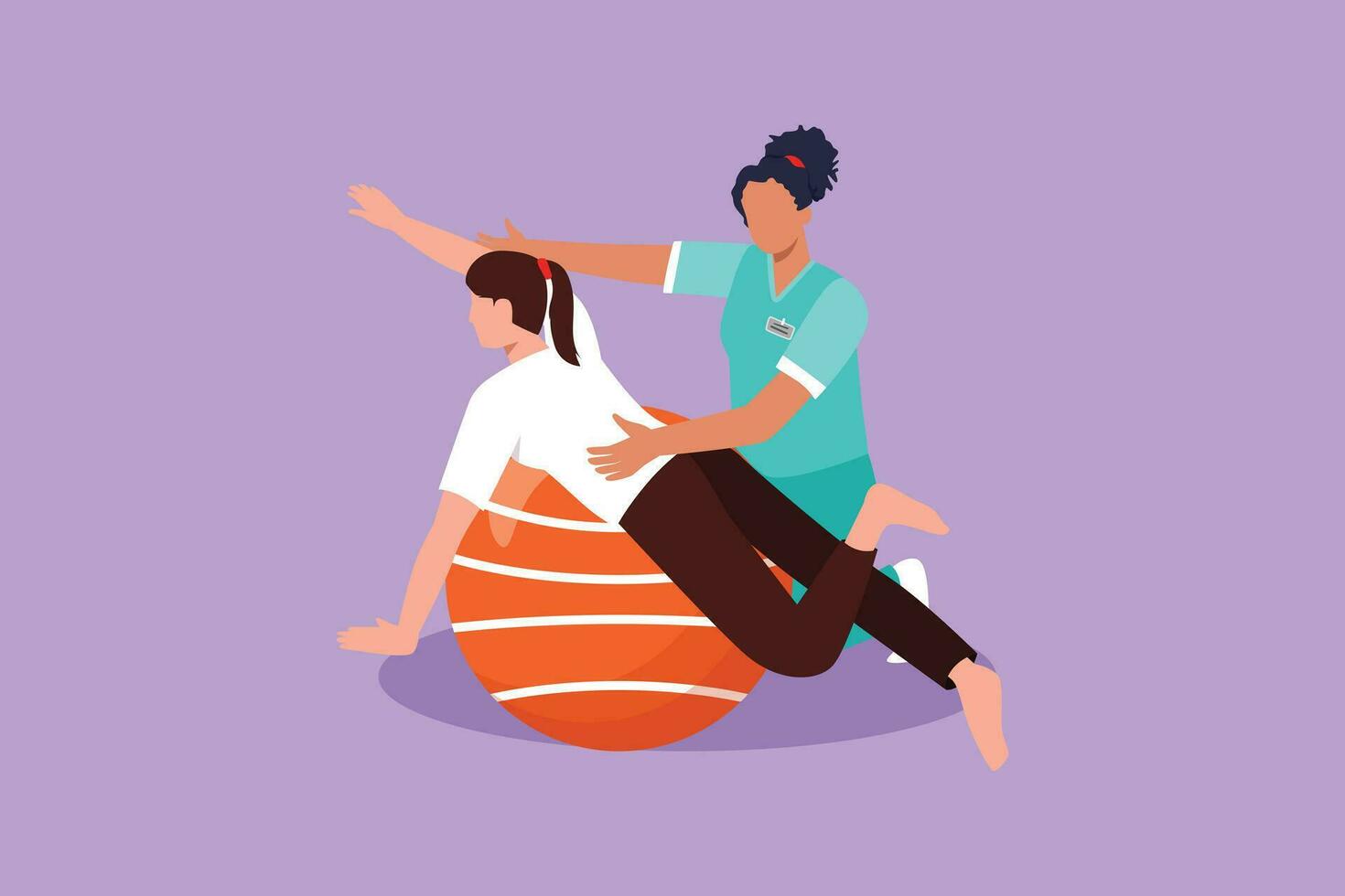 Cartoon flat style drawing physiotherapy rehabilitation isometric composition with female patient lying on rubber ball with medical assistant. Healthcare hospital. Graphic design vector illustration