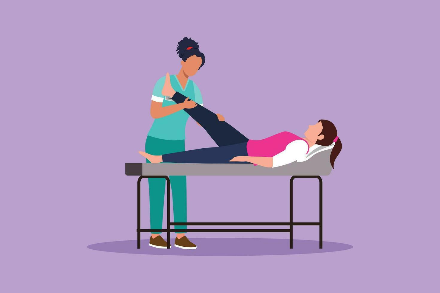 Character flat drawing of therapist helping woman patient to raise leg for exercise. Physical therapy treatment. Rehabilitation center. Passive and active exercise. Cartoon design vector illustration