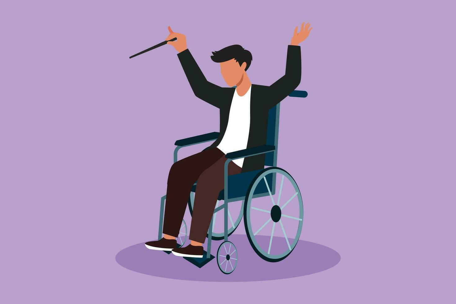 Cartoon flat style drawing of man conductor sitting in wheelchair leading orchestra. Classical music performance. Physically disabled. Rehabilitation center patient. Graphic design vector illustration
