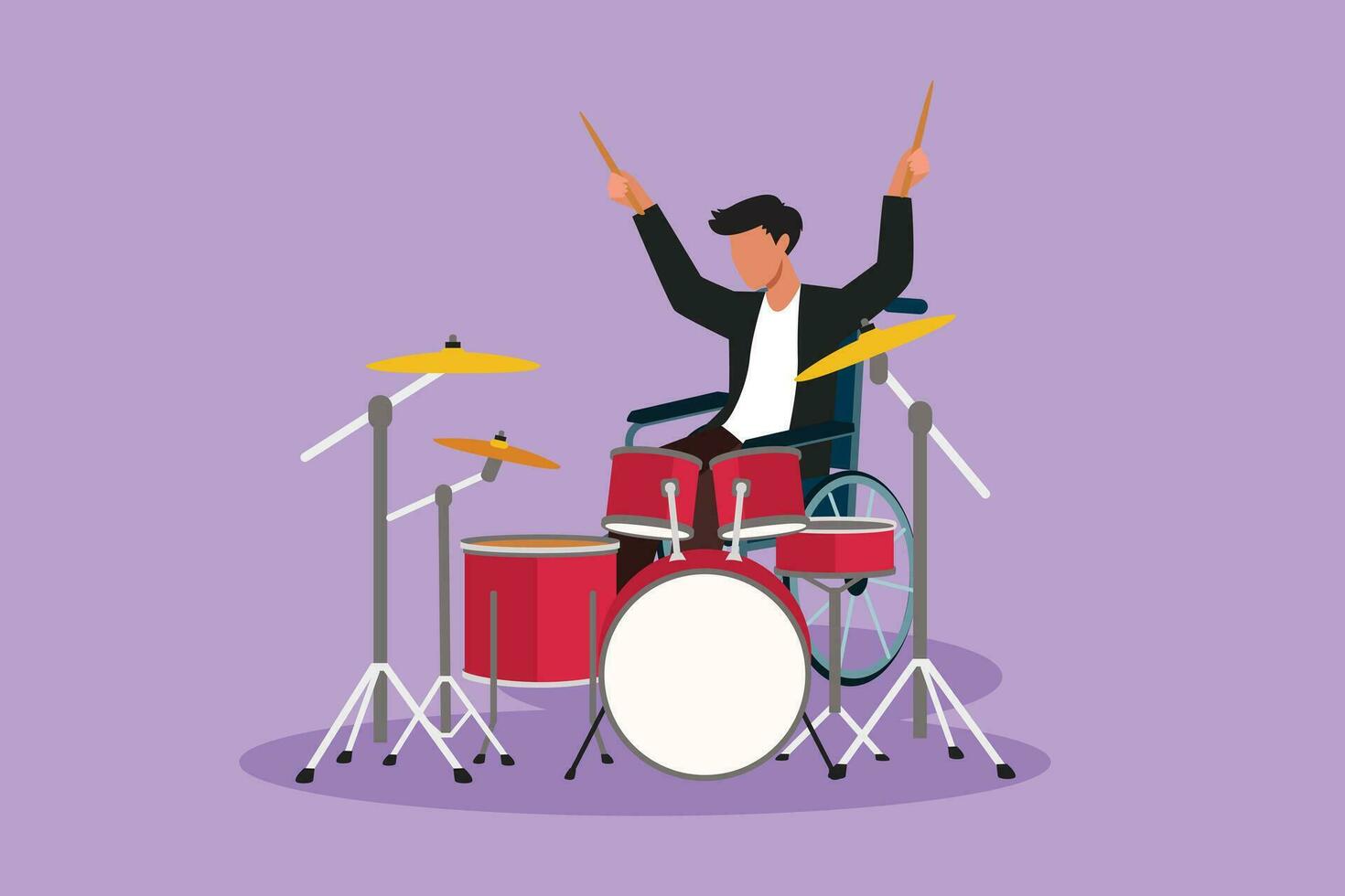 Cartoon flat style drawing disabled handsome man in wheelchair playing drum at musical event. Physically disabled. Person in hospital. Rehabilitation center patient. Graphic design vector illustration
