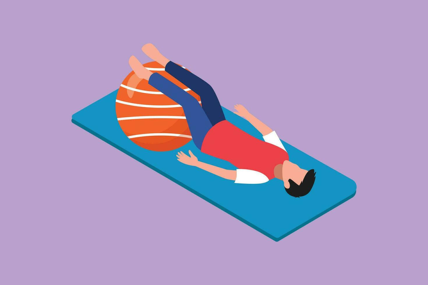 Graphic flat design drawing physiotherapy rehabilitation isometric composition with man character lying on mat with legs on rubber ball. Healthcare medical concept. Cartoon style vector illustration
