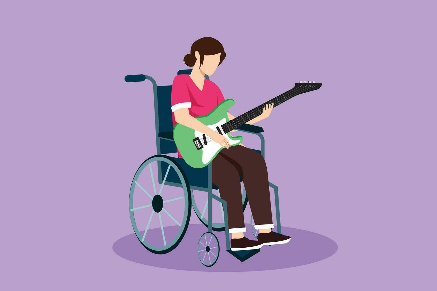 Character flat drawing young beautiful female sitting in wheelchair playing electric guitar, sing song. Person in hospital room ward. Rehabilitation center patient. Cartoon design vector illustration