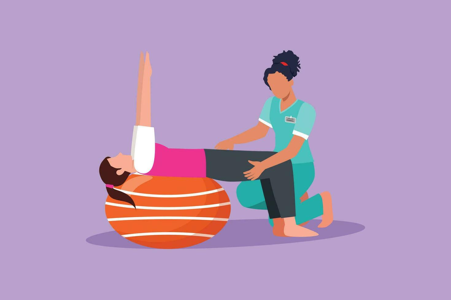 Graphic flat design drawing physiotherapy rehabilitation isometric with woman patient lying on top of rubber ball and lifting her hands with medical assistant help. Cartoon style vector illustration