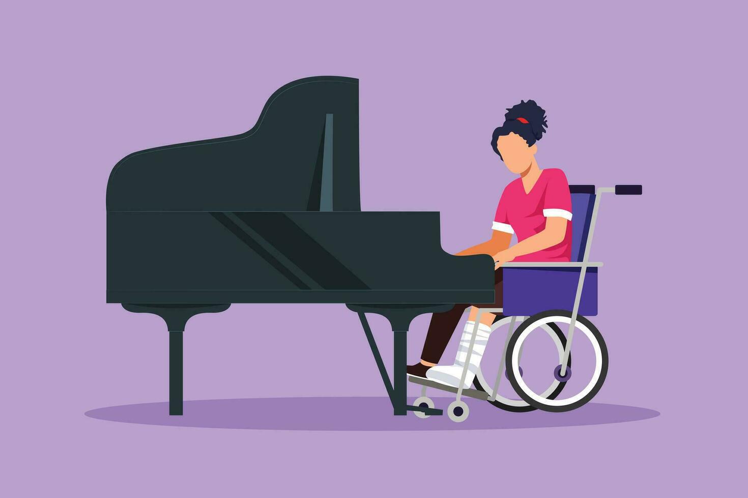 Graphic flat design drawing disabled beautiful woman in wheelchair playing piano in concert. Classical music performance in hospital. Rehabilitation center patient. Cartoon style vector illustration