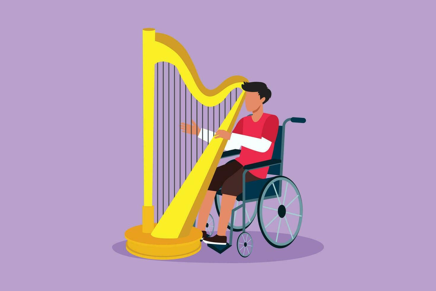 Character flat drawing handsome man sitting in wheelchair plays harp in concert. Disability and classical music performance. Physically disabled. Person in hospital. Cartoon design vector illustration