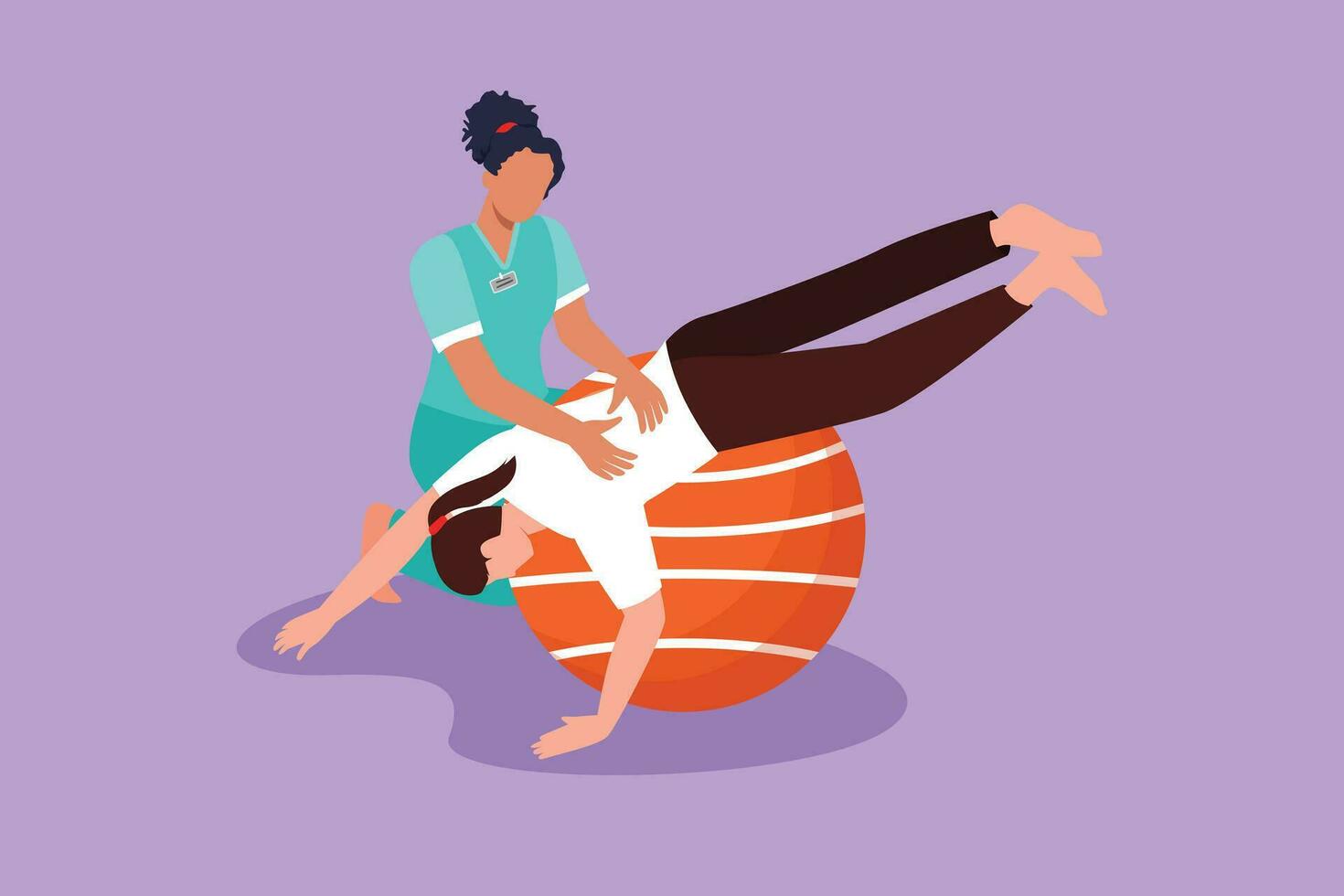 Cartoon flat style drawing physiotherapy rehabilitation isometric composition with woman patient lying on rubber ball with medical assistant. Healthcare in hospital. Graphic design vector illustration