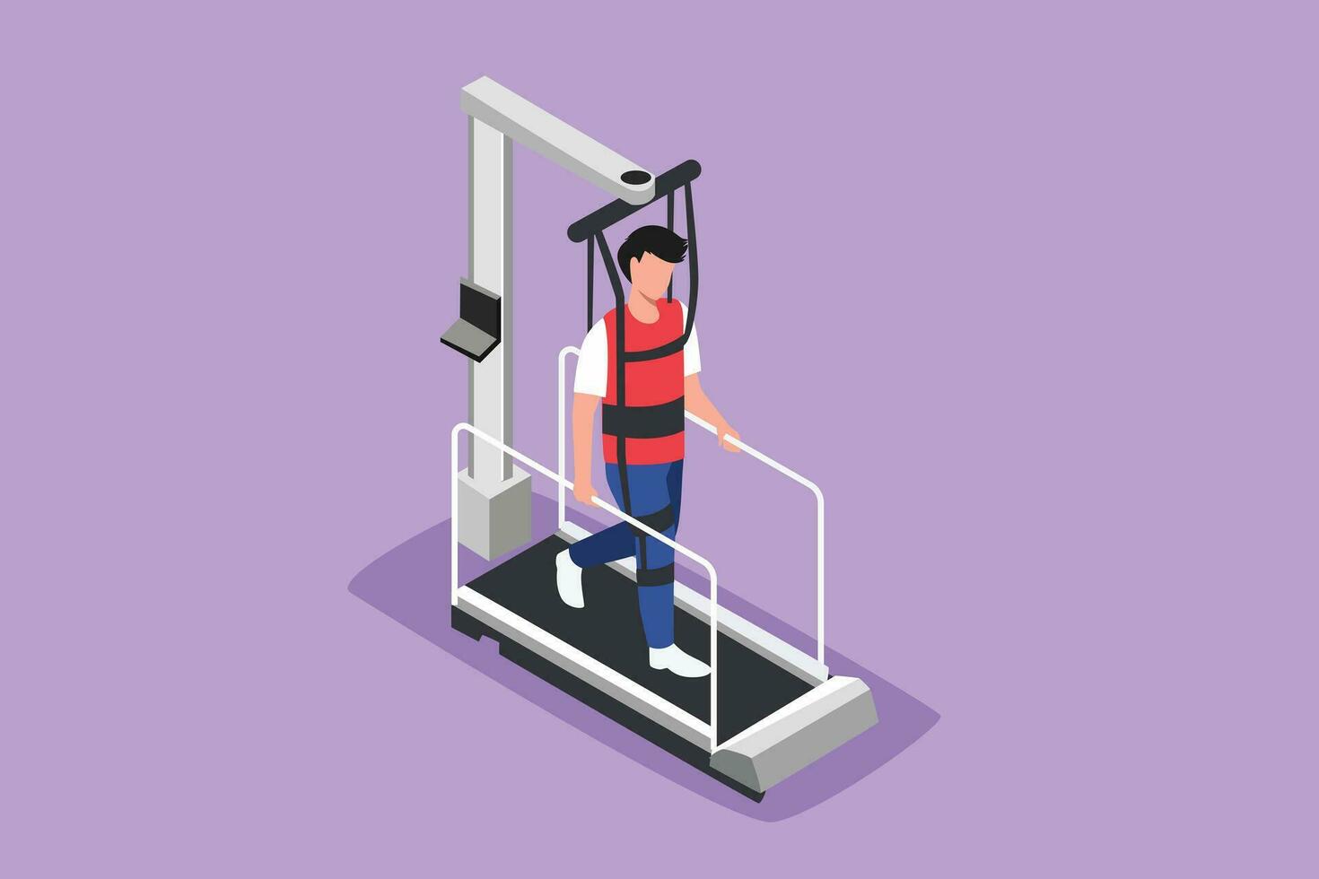 Character flat drawing of physiotherapy rehabilitation isometric composition with man walking on medical running machine in hospital. Healthcare treatment concept. Cartoon design vector illustration