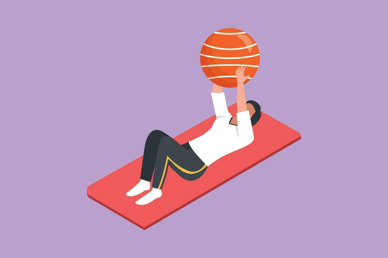 Character flat drawing of physiotherapy rehabilitation isometric composition with female lying on mat, lifting on rubber ball. Healthcare medical treatment concept. Cartoon design vector illustration