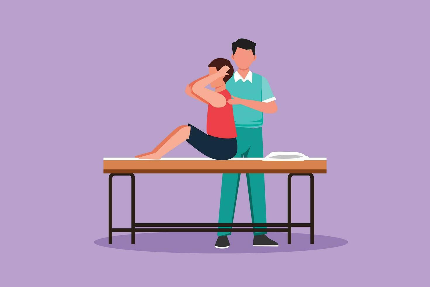 Cartoon flat style drawing of man sitting on massage table masseur doing healing treatment massaging injured patient manual physical therapy medical rehabilitation. Graphic design vector illustration