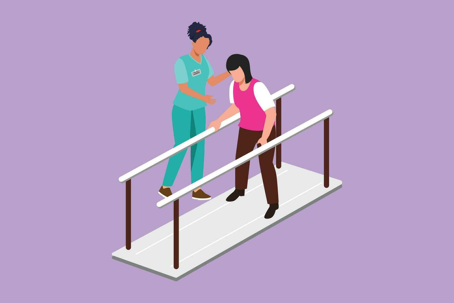 Character flat drawing of isometric doctor physiotherapist helping female patient using leg prosthesis to take first step. physical therapy people with disabilities. Cartoon design vector illustration