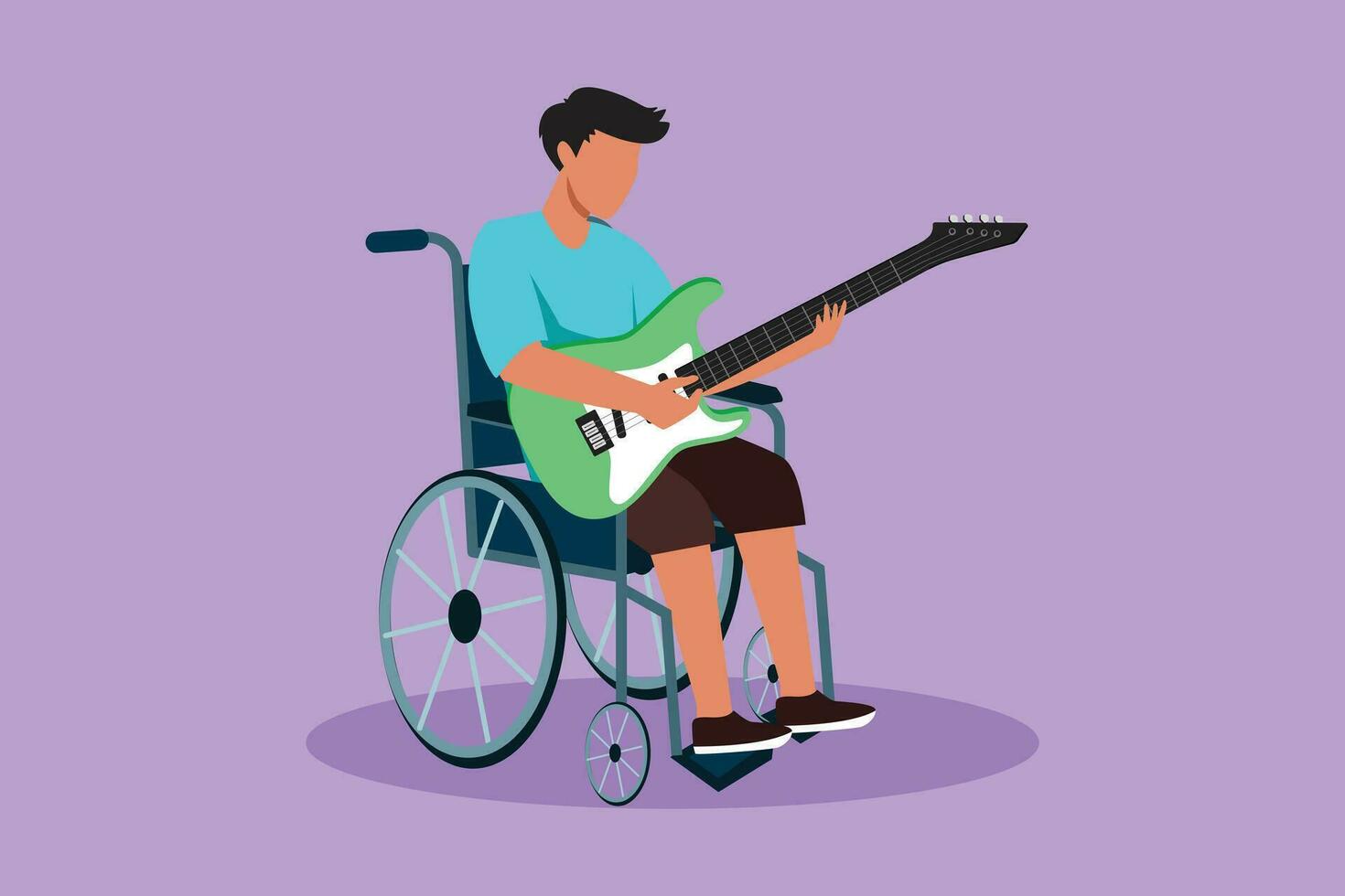 Cartoon flat style drawing male sitting in wheelchair playing electric guitar and sing a song. Guitarist person in hospital room ward. Rehabilitation center patient. Graphic design vector illustration
