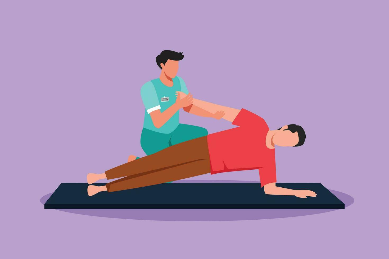 Cartoon flat style drawing of man patient lying on the floor masseur therapist doing healing treatment massaging patient body manual sport physical medical therapy. Graphic design vector illustration