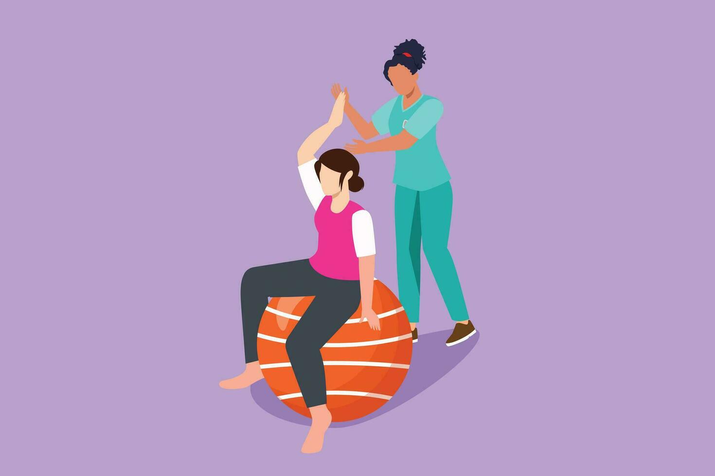 Graphic flat design drawing physiotherapy rehabilitation isometric composition with young beautiful woman patient sitting on ball and female doctor holding her hand. Cartoon style vector illustration