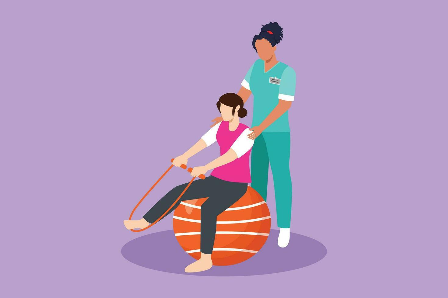 Graphic flat design drawing physiotherapy rehabilitation isometric composition with medical specialist helping young beautiful woman patient to massage leg with rope. Cartoon style vector illustration