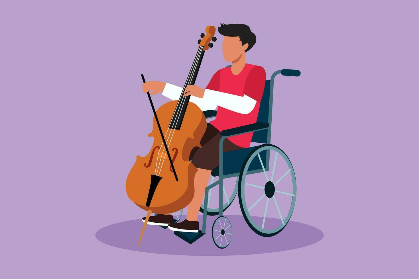 Graphic flat design drawing young handsome man sitting in wheelchair plays cello in concert. Disability and classical music. Physically disabled. Person in hospital. Cartoon style vector illustration