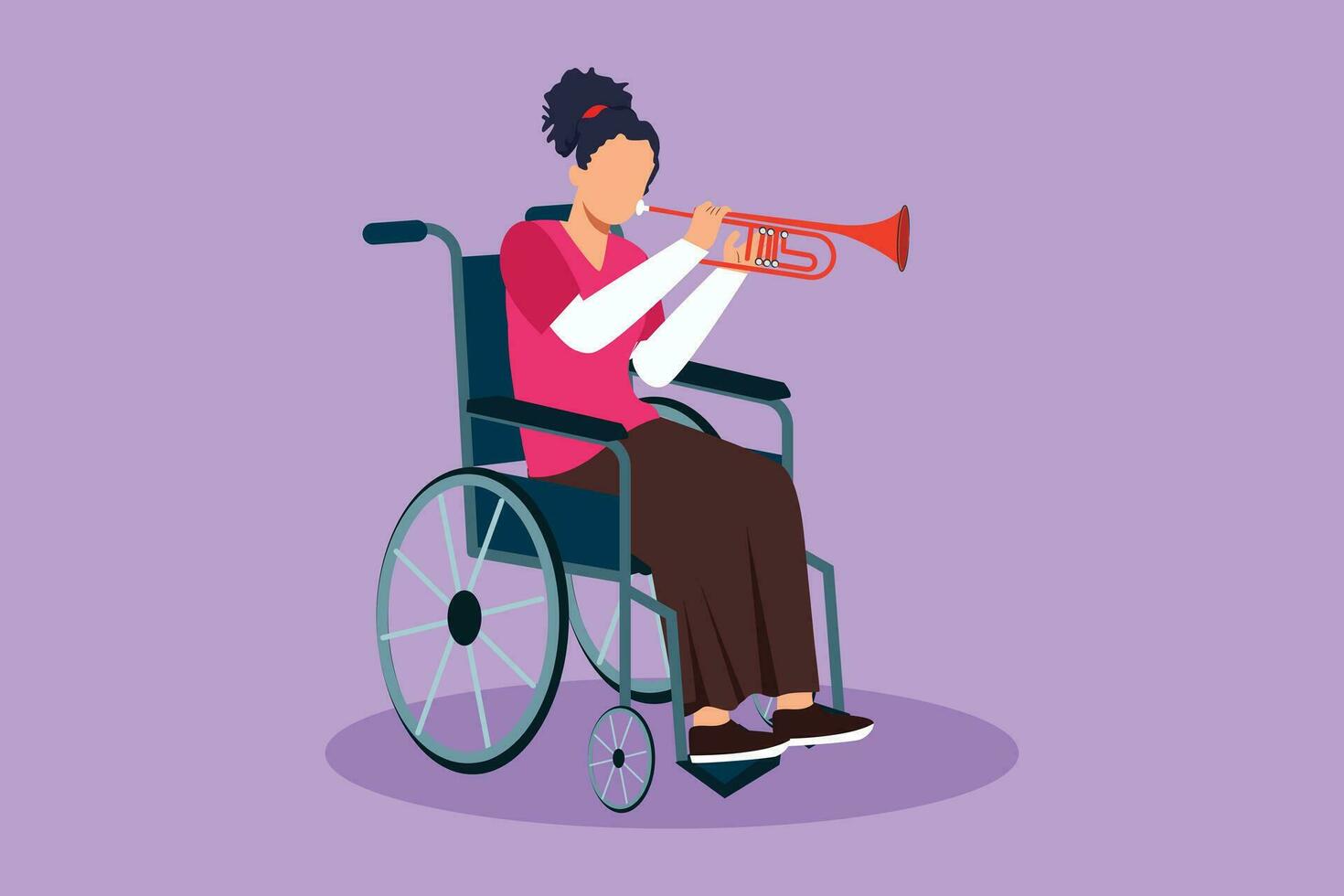Character flat drawing of beautiful female in wheelchair playing trumpet during music lesson. Physically disabled. Person in hospital. Rehabilitation center patient. Cartoon design vector illustration