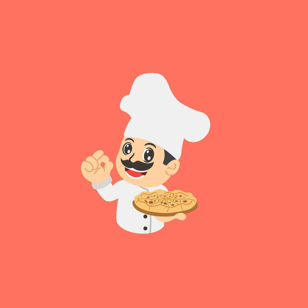 mustache chef holding pizza cartoon vector