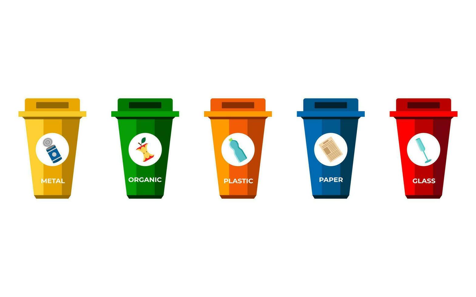 Waste segregation. Sorting garbage by material and type in colored trash cans. Separating and recycling garbage vector infographic.