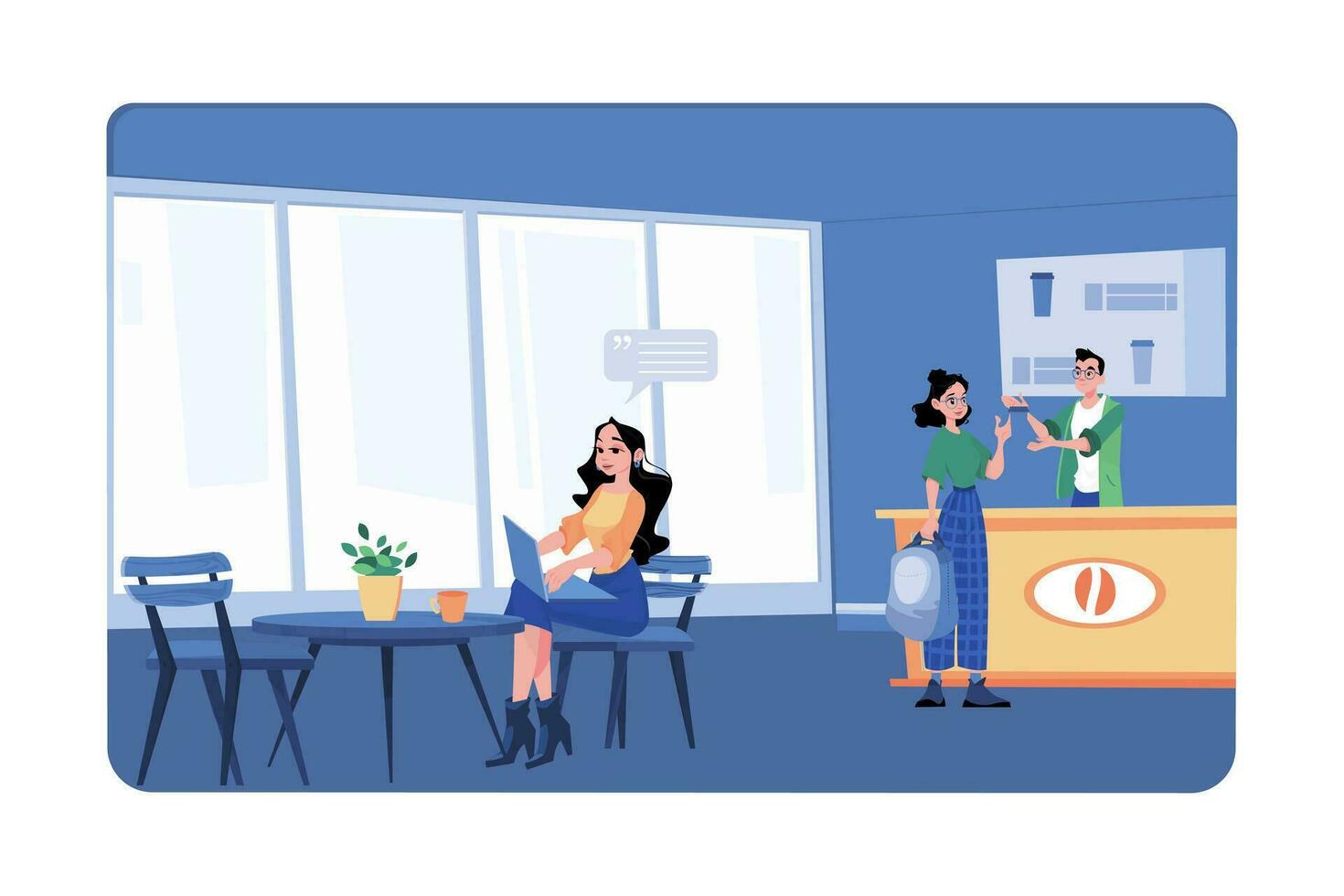 Female Copywriter Typing On A Laptop While Sitting In The Coffee Shop vector