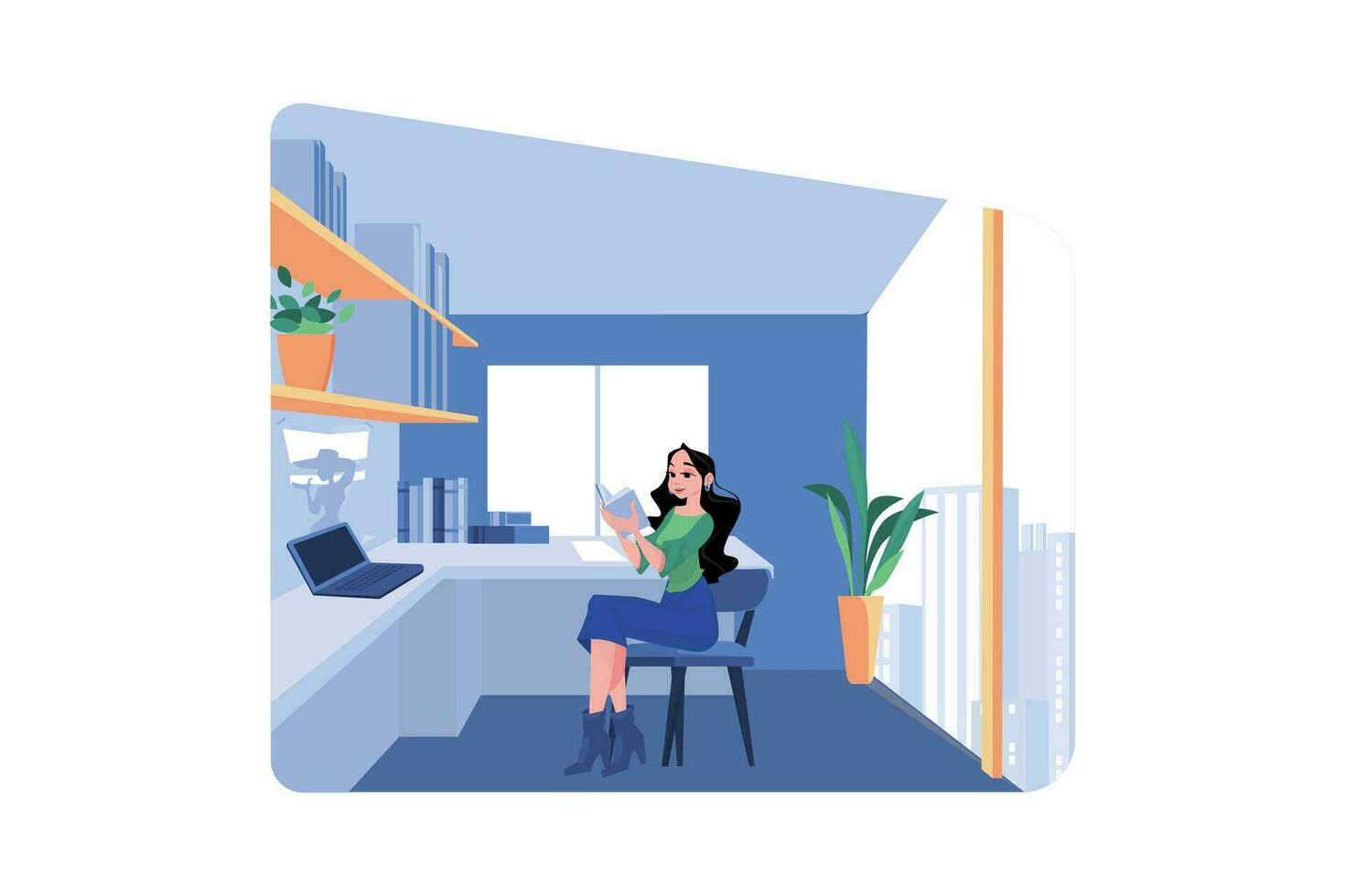 Female Author Is Reading A Book In The Office vector