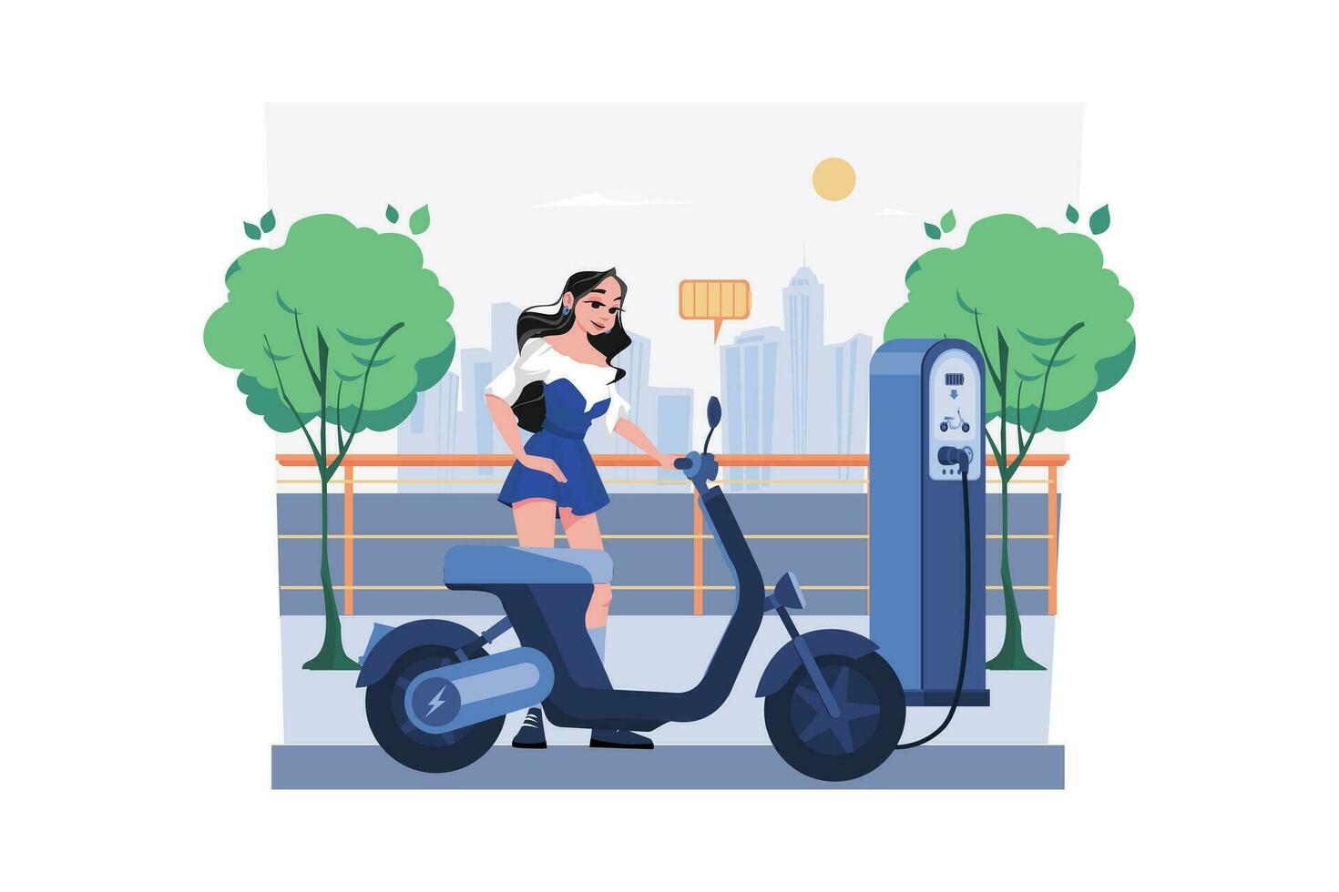 Woman Charges The Electric Bike At Electronic Vehicle Center vector