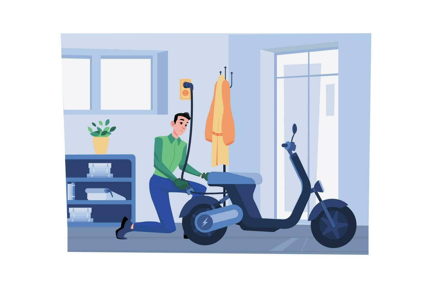 Man Charges The Electric Bike At Home vector